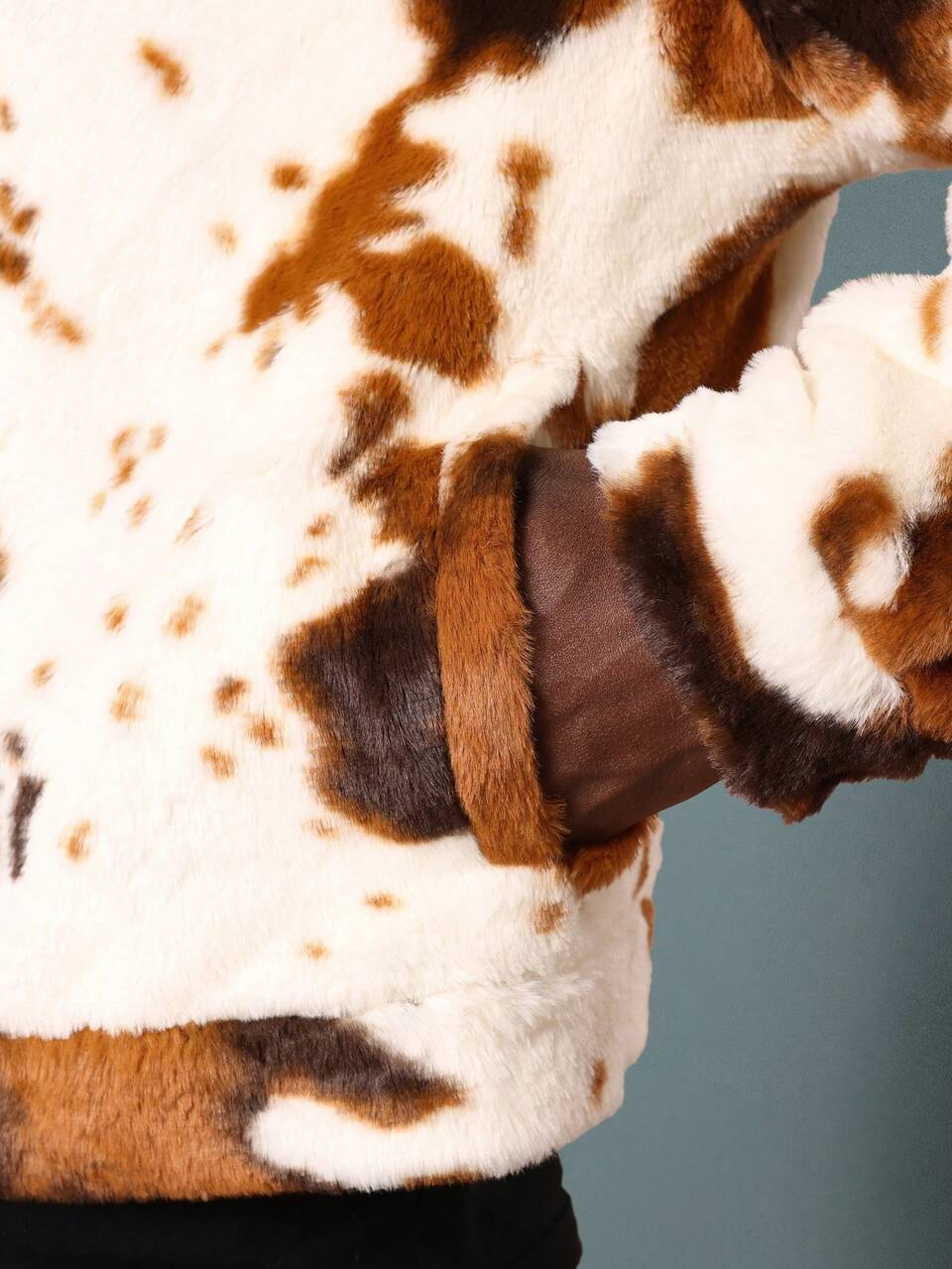 Cropped Faux Fur Trucker Jacket With Cow Print Pattern
