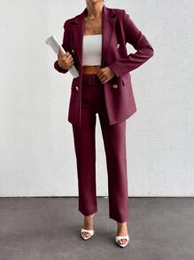 EURMUSE Women's Solid Color Lapel Epaulet Long Sleeve Double-Breasted Fashion Suit Set - Burgundy - View 4