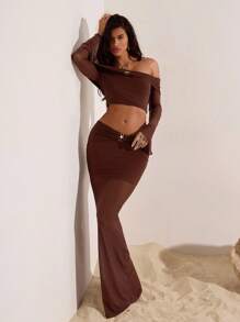 Opulessa Women's Solid Color Pleated Off Shoulder Flare Sleeve Cropped Top And Fitted Midi Skirt 2-Piece Set, Brown Two Pieces Set Women, 2 Pieces Long Skirt Set Mesh Two Pieces Set Brown Mesh Two Pieces Set Two Pieces Maxi Skirt Set
