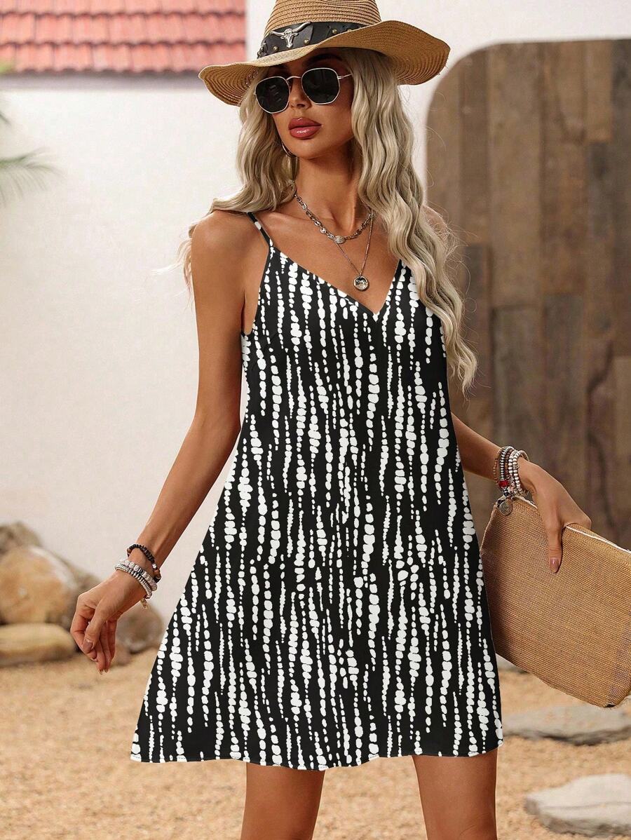 SHEIN LUNE Plus Size Women Spaghetti Strap Geometric Polka Dot Mini Knit Dress, Suitable For Summer Suitable For Going Out,Holiday Outfits For Women Chic Dress