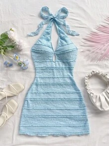 Soleia 全新度假红色针织条纹露背迷你连衣裙 - 淺藍色 - 查看 3