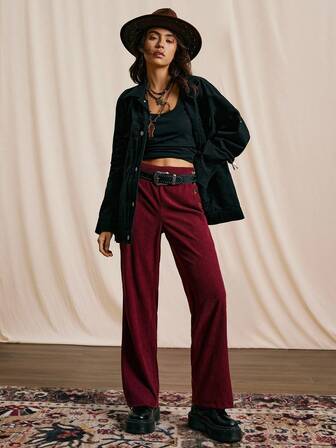 Easelle Velvet Brown Wide-Leg Pants Bohemian Nomadic Trousers Autumn And Winter All-Match Retro Back To School Season Fall Clothes Women Dark Red Corduroy Trousers
