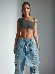Denimoi Áo crop top cổ lệch vai xoắn - Màu xám đen - Xem 1