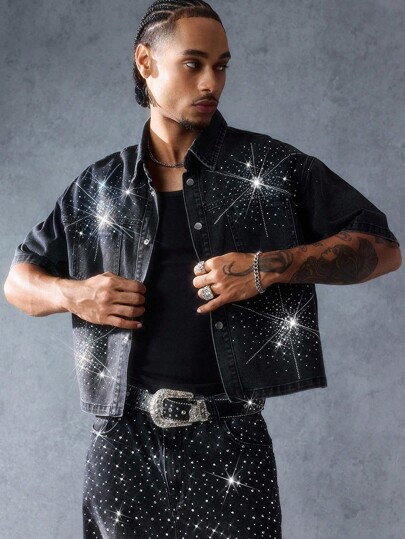 Street Life Men's Rhinestone Embellished Single-Breasted Denim Shirt