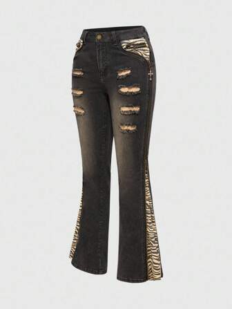 Grunge Punk Jeans ajustados de cintura baja con estampado de cebra vintage, patchwork y estilo Y2K Baddie para mujeres