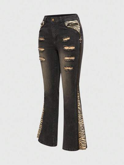 Grunge Punk Y2K Baddie Patchwork Zebra Muster Kreuz Vintage Taillengerade Skinny Jeans für Frauen