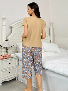 SHEIN Contrast Color Pocket Floral Print Short Sleeve & Capri Pants Set - Multicolor - View 2