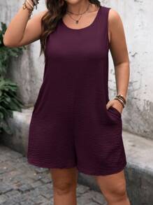 SHEIN LUNE 加大码女式纯色圆领无袖带口袋休闲连体衣夏季波西米亚风复古女士夏季服装春假狂欢装节日春假服装