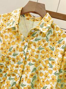 INAWLY Áo sơ mi nữ tay dài đơn hàng khuy đơn in hoa thường ngày - Màu vàng - Xem 4