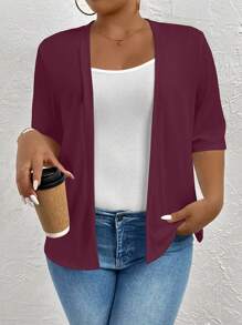 SHEIN LUNE Chaqueta de punto de punto abierto para mujer de talla grande - Burdeos - Ver 4