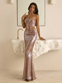 Vowa 时尚网状结构鱼骨紧身胸衣和紧身迷你裙套装，适合婚礼、派对、下午茶、假期等各种正式场合以及女士其他服装 - 卡其色 - 查看 4