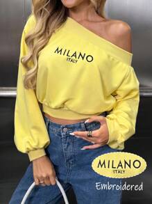 SHEIN LUNE Áo nỉ ngắn thêu chữ vai bất đối xứng thường ngày cho nữ, thiết kế tay áo đa năng, màu vàng bơ thời trang dạo phố dễ thương Y2k trở lại trường học trở về nhà mùa đông mùa thu đi chơi sân bay áo cơ bản mùa thu - Màu vàng - Xem 3