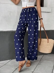 Chiquease Women's Loose Casual Embroidered Pleated Long Pants, Summer Casual Spring For University Fall - Navy Blue - View 4