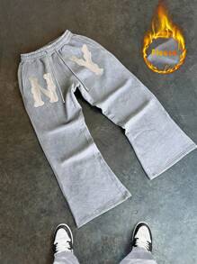 Manfinity EMRG 男士休闲宽松字母贴花抽绳腰阔腿保暖内衬运动裤，灰色宽松运动裤，Y2K 纽约运动裤，送给男友的绝佳礼物，返校季必备 - 淺灰色 - 查看 3