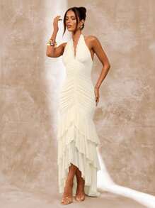 SHEIN BAE Spring/Summer Solid Color Apricot & White Deep V-Neck Ruched Flounced Hem Elegant Dress, Stylish For Brunch, Cocktail, Formal Occasions,Fall Wedding Guest Dress - Apricot - View 5