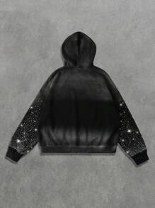 ROMWE MEN Street Life Sudadera con capucha para hombre con bordado de rhinestones y efecto lavado desteñido - Negro - Ver 3