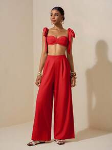 Zivah 海滩新款春夏休闲度假蝴蝶结肩带裹胸心形领短款上衣+阔腿超长裤杏色女两件套Se，纹理面料材质 - 紅色 - 查看 5