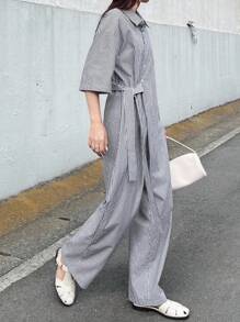 FRIFUL 女士条纹不对称门襟系带宽松休闲连体裤，适合机场、户外穿着 - 黑色 - 查看 4