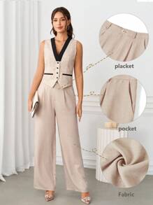 Ellevyn 女士休闲纯色褶皱锥形百搭四季西装裤秋冬女装商务休闲女装秋季女装商务休闲女装 - 杏色 - 查看 2