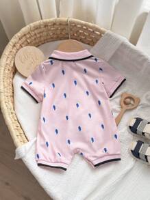 Baby Boy Feather Pattern Knit Soft Turndown Collar Short Sleeve Romper With Shorts - Dusty Pink - View 2