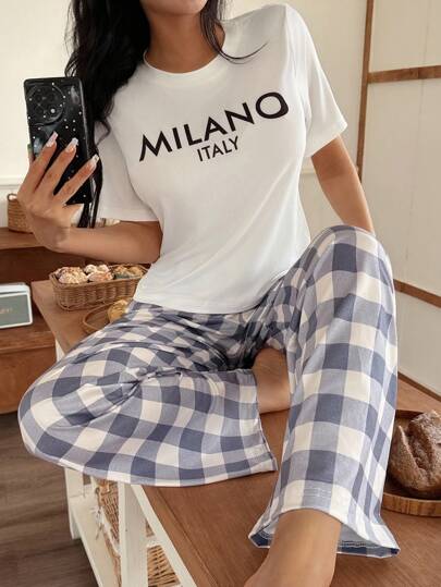 SHEIN Comfortable Multicolor Knit Women's Pajama Set With Plaid Long Pants And Round Neck Women Pajama Set Summer Pajamas For Women Plaid Pajama Set Two Pieces Pajama Set Women Women Loungewear Set  Cozy And Elegant Details