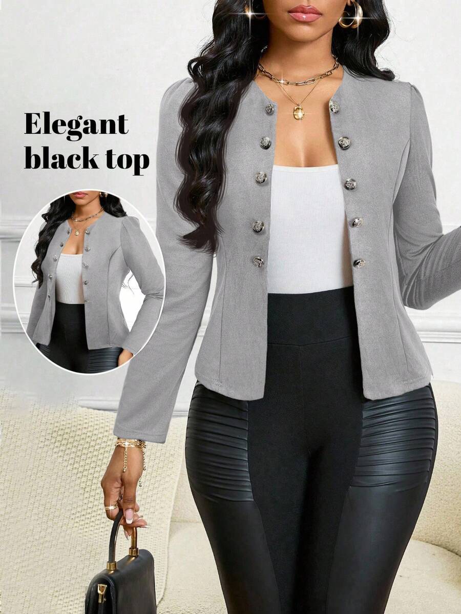 SHEIN Lady 2025 New Four Season/ Church Attire/ Suede Solid Color Button Detail Open Front Jacket In Fall/Winter - Light Grey - View 1