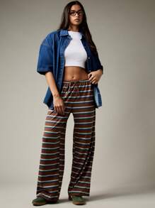 MISSGUIDED Weite gestreifte Palazzo Sommer Strandhose, lässige Resort Loungewear, Retro Muster Strand Kordelzug Elastischer Bund Urlaubs Hose, locker und bequem - Verschiedenfarbig - Übersicht 4