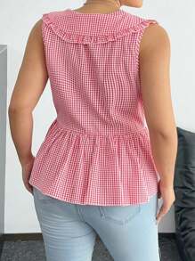 Flirla Plus Size Plaid Peter Pan Collar Open Front Belted Splice Ruched Sleeveless Shirt - Multicolor - View 2