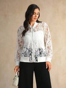 Flouryn Chaqueta bomber ligera de manga larga con cremallera, parche de encaje calado y bordado, de unicolor elegante, con solapa decorativa en el bolsillo, para mujer de talla grande, para otoño e invierno - Beis - Ver 1