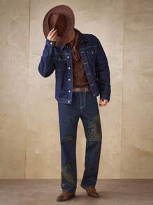 Manfinity Homme Men's Casual Loose Fit Embroidered Blue Denim Jacket, Street Style, Fall - Dark Wash - View 3