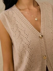 Poéselle Gilet sans manches à boutons en tricot - Gilet de chandail ajouré col V décontracté pour femmes, Gilet en tricot pour femmes, Gilet ajouré, Gilet de chandail superposable pour l'automne/l'hiver - Kaki - Voir 3