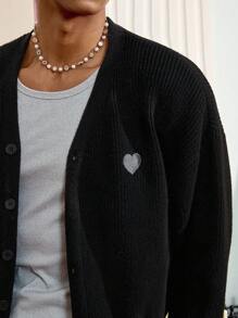 SWAVVY Men's Fashion Heart Pattern Drop Shoulder Long Sleeve Single-Breasted Knit Cardigan , Fall Winter, Grunge Style - Black - View 6