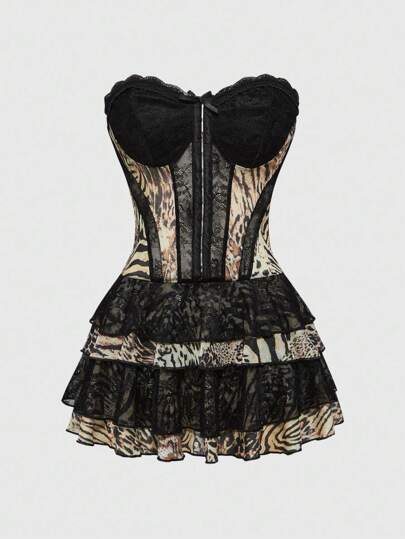 J-Fashion Vestido mini con estampado de leopardo, encaje, parches metálicos y contraste de color, con escote halter y lazo, en estilo retro y sexy Y2K para mujer