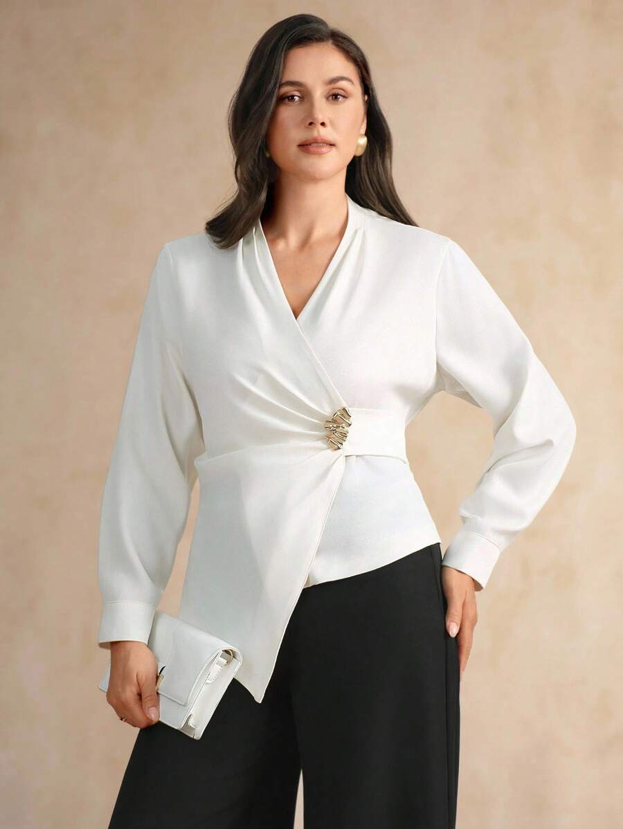 Flouryn Plus Size Elegant White Women Blouse,Metal Decor Pleated Design Long Sleeve Solid Color Versatile Top For Autumn Dinner Party Business Casual Work - Beige - View 1