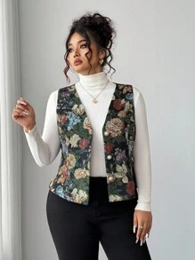 Elenzga Fashionable Vintage Plus Size Jacket Vest With Pearl Button Decor, Versatile Suitable For Gatherings, Parties, Valentine's Day - Multicolor - View 5