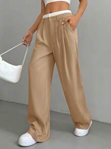 SHEIN EZwear Women's Casual Wide-Leg Striped Suit Pants With Zipper For Everyday Style In Fall/Winter