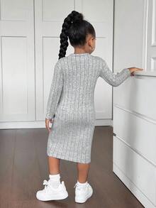 SHEIN Váy dài tay ôm dáng tối giản màu xám dễ thương cho bé gái, mùa thu/đông - Xám - Xem 2