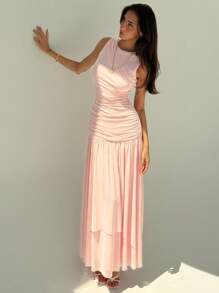 Aloruh Women's Plain Round Neck Ruched Hem Sleeveless Casual Dress, Summer