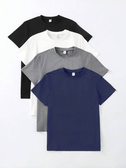 SHEIN Camiseta de manga corta de unicolor para adolescentes/niños, adecuada para uso diario, diseño de unicolor, cuello redondo clásico, suave y cómoda