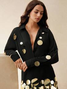 Anewsta 手工银色亮片装饰百搭雪纺衬衫，女士春季 - 黑色 - 查看 6