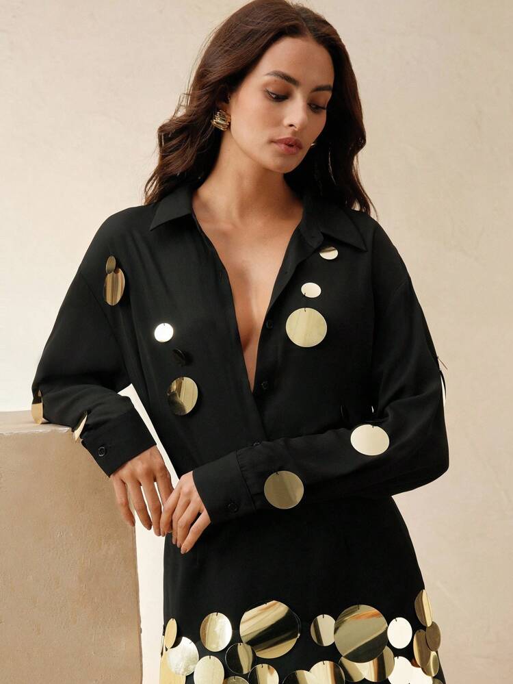 Handmade Silver Sequin Decorated Versatile Chiffon Blouse, Spring For Women