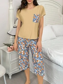SHEIN Contrast Color Pocket Floral Print Short Sleeve & Capri Pants Set - Multicolor - View 3