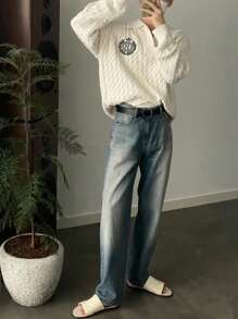 DAZY 男士休闲落肩字母图案针织米色毛衣，秋季校园 - 米色 - 查看 4