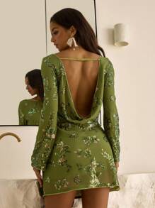 Vowa 性感长袖串珠刺绣露背荷叶边迷你连衣裙，适合舞会、音乐节、节日、夏季派对等正式场合 - 墨綠色 - 查看 2