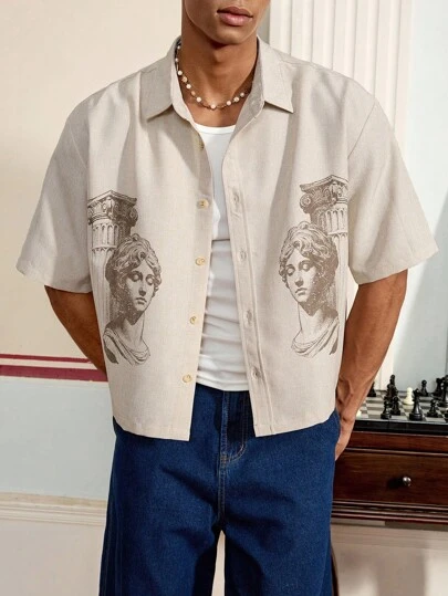 SWAVVY Men's Roman Portrait Print Short Sleeve Single-Breasted Casual Shirt