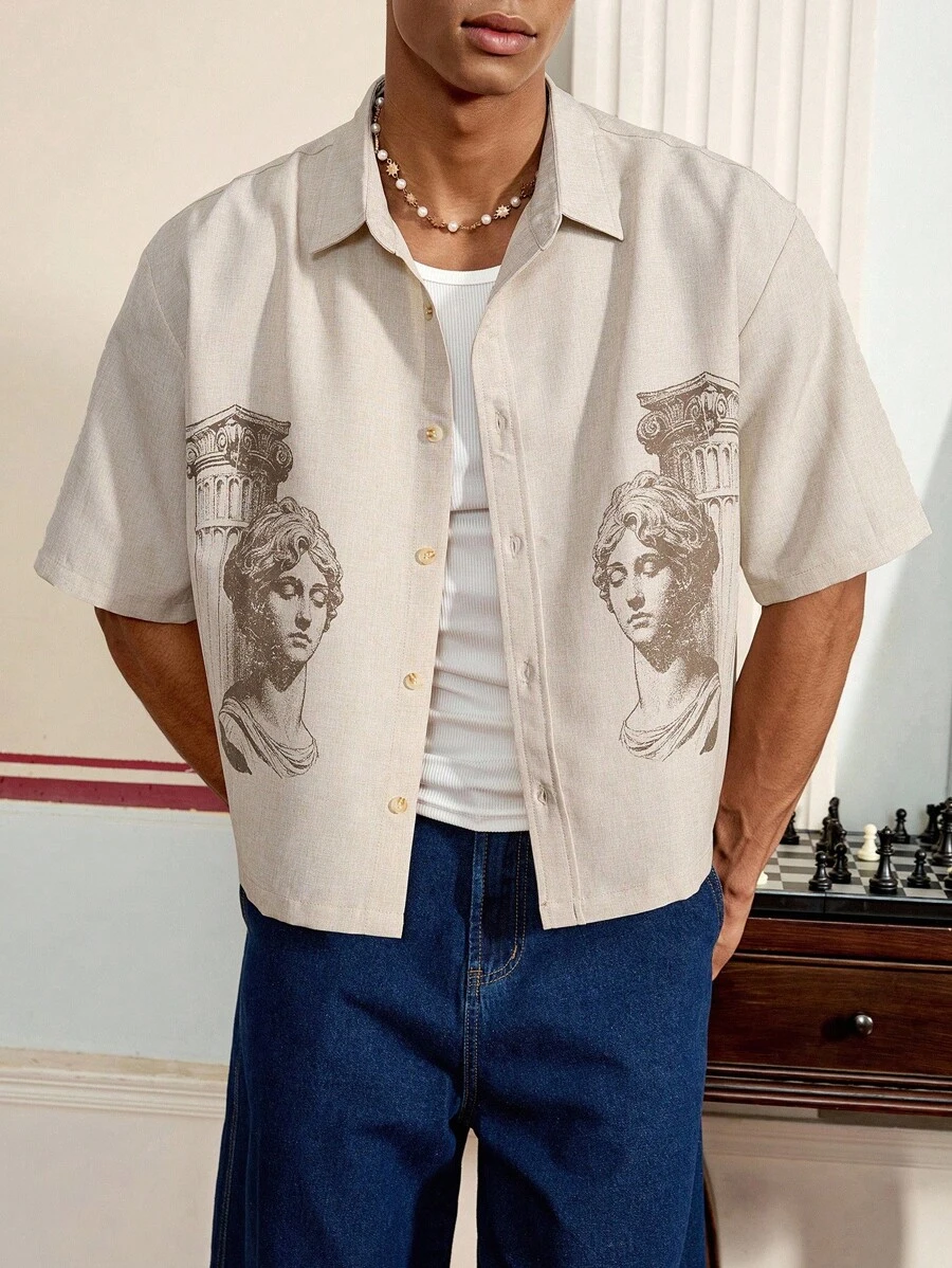SWAVVY Áo sơ mi nam tay ngắn, cài khuy đơn, họa tiết chân dung La Mã - Màu be - Xem 1
