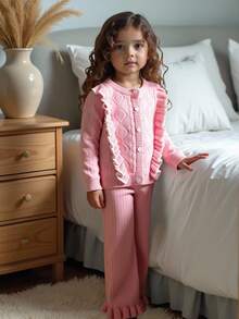 SHEIN Young Girls Casual Cute Pink Fairy Autumn Ruffled Knit Cardigan&Knit Pants Set,Soft Comfortable Outfit For Daily,Outdoor,Travel,Vacation,Fall Winter - Pink - View 4