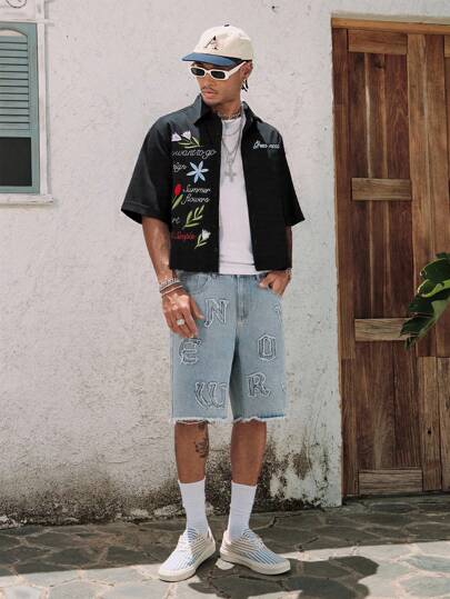 Street Life Men's Summer Floral & Letter Embroidery Shirt, Streetwear