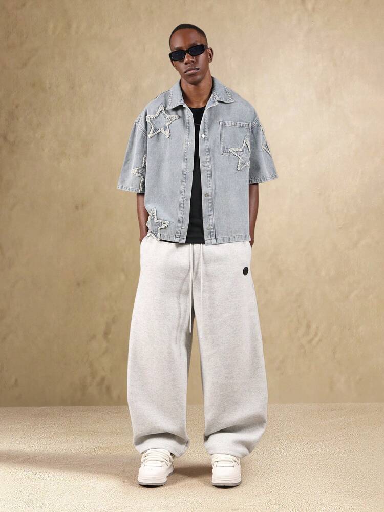 Distressed Star Applique Denim Shirt With Frayed Edges