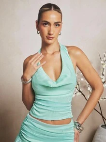 L'Amorae Áo cánh hở lưng màu trơn thanh lịch cho nữ mùa hè - Màu xanh Bạc hà - Xem 4